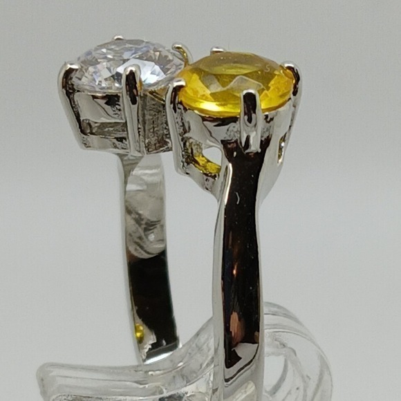 Silver Tone Bypass Ring Two Stone Yellow Sapphire Clear CZ Round Cut Size 7 - Picture 9 of 11